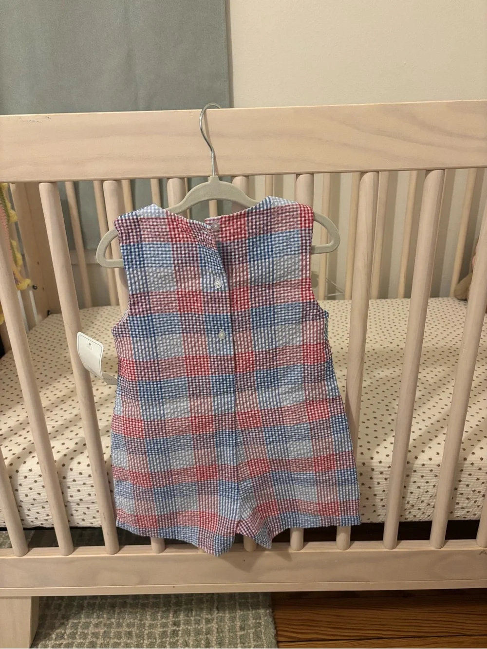 Petit Ami Blue and Red Plaid Crab Applique Romper